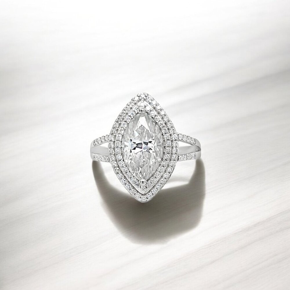 2.42 ctw Marquise Moissanite Double Halo Ring in 925 Sterling Silver
